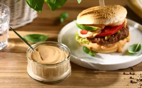 Pyszny sos do burgera w słoiczku, obok apetycznego burgera z dodatkami. Idealny do każdej kanapki.