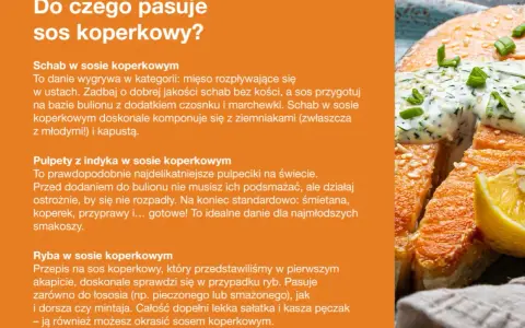 Apetyczny kawałek ryby polany kremowym sosem koperkowym, ozdobiony zieloną cebulką i cytryną.