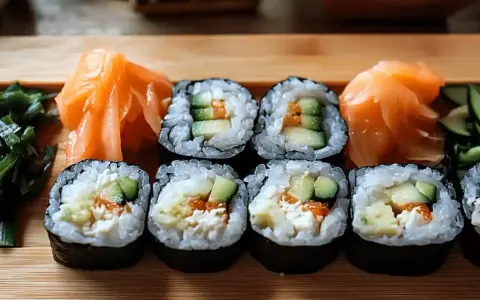 Pyszne sushi z łososiem, ogórkiem i awokado. Idealne dodatki do sushi to marynowany imbir i wodorosty wakame.