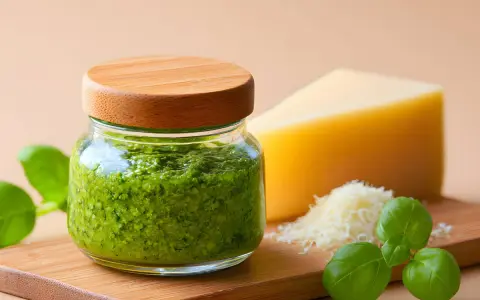 Słoiczek domowego **pesto bazyliowego** z kawałkiem parmezanu i świeżymi listkami bazylii na drewnianej desce.