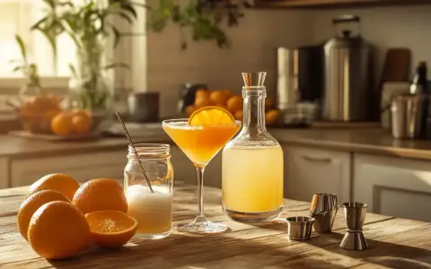 Orzeźwiający drink z likierem pomarańczowym, świeże pomarańcze i składniki do jego przygotowania na drewnianym blacie.