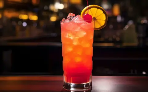 Kolorowy drink z lodem, ozdobiony plasterkiem pomarańczy i wisienką. Idealny przykład drinków z shakera, gotowy do podania.