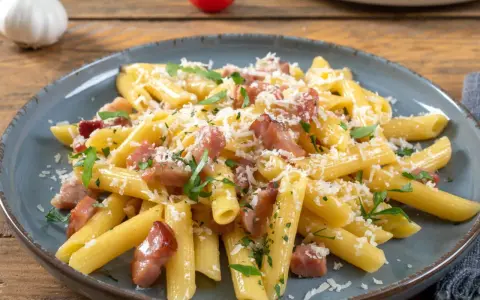 Penne rigate z chrupiącym boczkiem, posypane parmezanem i natką pietruszki. Pyszne makaron z boczkiem na talerzu.
