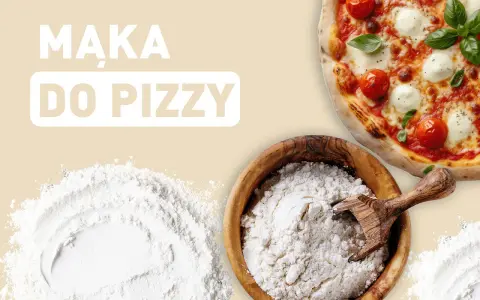 Idealna mąka do pizzy: biała, sypka, w drewnianej misce, obok gotowej margherity.
