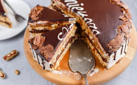Pyszne snickers ciasto z czekoladą i orzeszkami, pokrojone na kawałki, gotowe do podania.