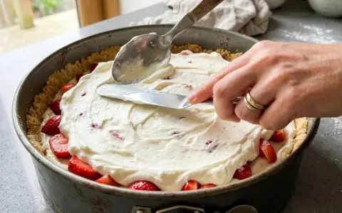 Nakładanie kremu z mascarpone na spód z truskawkami w tortownicy.