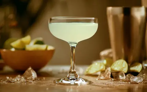 Orzeźwiający daiquiri w kieliszku, obok limonki i lodu. Idealny na upalne dni.