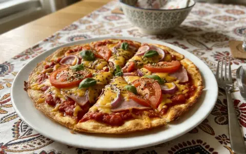 Pyszna pizza na tortilli z pomidorami, cebulą, szynką i serem, ozdobiona bazylią. Idealna na szybki obiad.