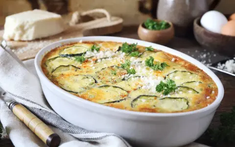 Pyszna zapiekanka z cukinii, udekorowana natką pietruszki i startym parmezanem, prezentuje się apetycznie w białej naczyniu.