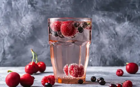Orzeźwiający drink z wódką malinową, pełen malin, wiśni i borówek, bąbelkuje w szklance.