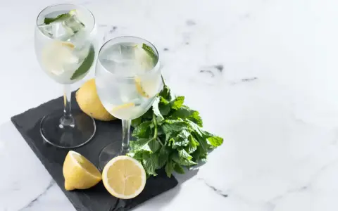 Dwa orzeźwiające drinki z prosecco, lodem, cytryną i miętą, prezentowane na czarnej desce z dodatkiem świeżych cytryn i gałązki mięty.