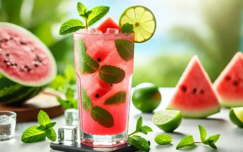 Letni arbuzowy mohito: jak zrobic ten orzeźwiający napój? W szklance kawałki arbuza, mięta, lód i plasterek limonki.