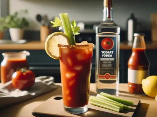 Krwawa Mary przepis: drink z lodem, cytryną i selerem, obok butelka wódki i sosu pomidorowego.
