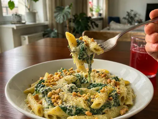 Penne z kremowym sosem, szpinak na gęsto i chrupiące orzeszki. Idealny obiad!