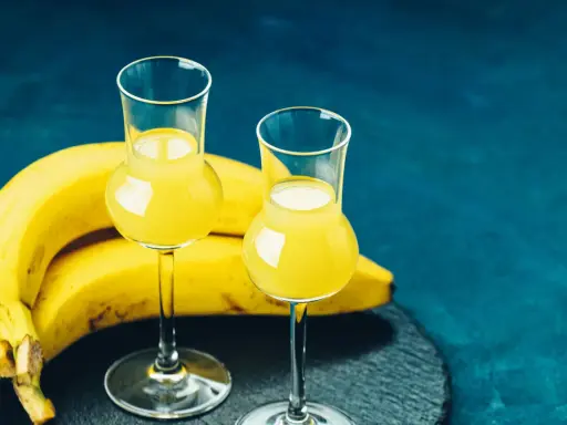 Dwa kieliszki z żółtym likierem bananowym, obok kiść bananów na ciemnoniebieskim tle.