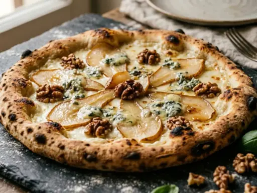 Wykwintna pizza bianca z gruszką, orzechami włoskimi i serem pleśniowym, idealna na wyjątkowy wieczór.