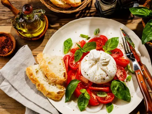 Pyszna burrata z pomidorami i bazylią, podana z chrupiącym pieczywem. To jest właśnie burrata – ser, który rozpływa się w ustach!