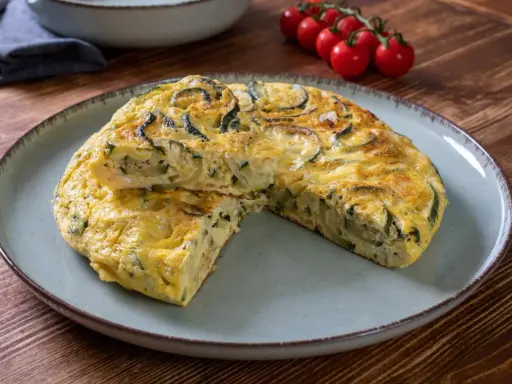 Pyszna frittata z cukinią, podana na talerzu, z pomidorkami koktajlowymi w tle.