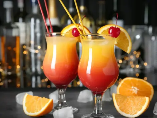 Dwa kolorowe, domowe drinki z wódką, ozdobione pomarańczą i wiśnią, z kostkami lodu i owocami w tle.