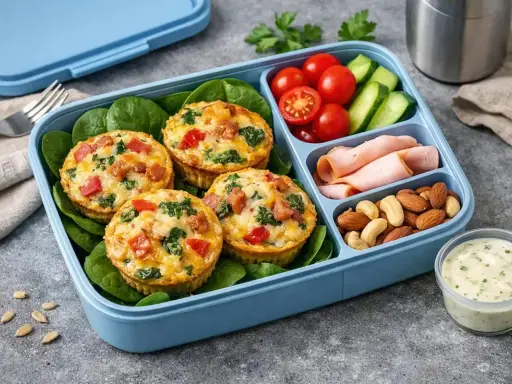 Pyszne muffinki jajeczne ze szpinakiem i papryką to idealne co do pracy zamiast kanapek. Obok pomidorki, ogórek, szynka i orzechy.