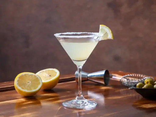 Orzeźwiające drinki z martini bianco, ozdobione cytryną i solą, obok świeżych cytryn i oliwek.