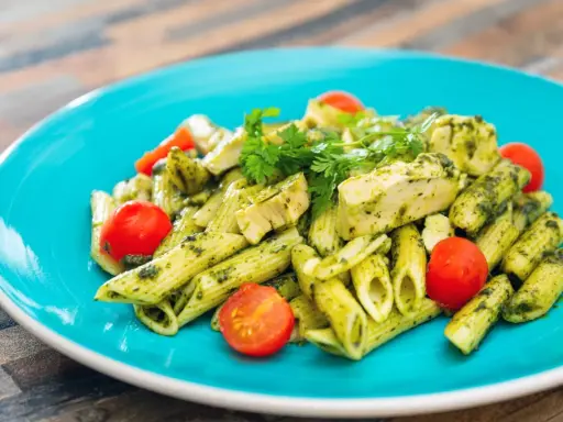 Penne z kurczakiem i pomidorkami koktajlowymi w sosie pesto, z dodatkiem mozzarelli.