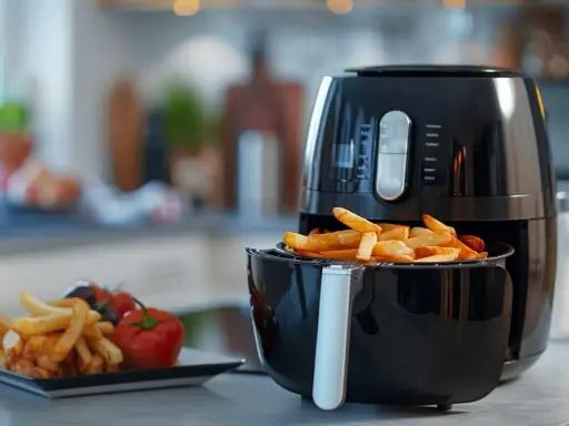 Frytki z frytkownicy beztłuszczowej, idealne do wypróbowania nowych air fryer przepisy. Obok talerz z frytkami, pomidorkami i oliwkami.