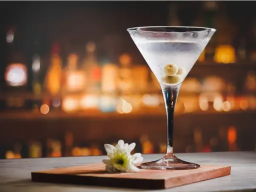 Eleganckie drinki z martini, ozdobione oliwkami, stoją na blacie baru. Obok kieliszka leży biały kwiat.