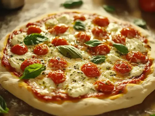 Pyszna pizza z pomidorkami i mozzarellą w zalewie, która nadaje się idealnie do pizzy, z listkami bazylii.