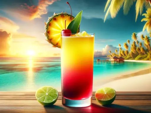Tropikalny drink z ananasem, wiśnią i limonkami na tle rajskiej plaży o zachodzie słońca.