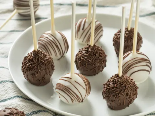 Pyszne cake pops przepis na talerzu: czekoladowe z posypką i białe z polewą.