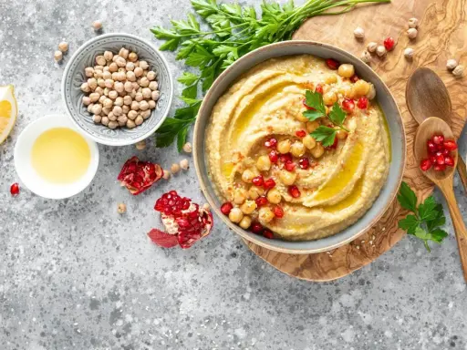 Pyszny hummus z ciecierzycy, udekorowany pestkami granatu i natką pietruszki, obok cytryny i oliwy.
