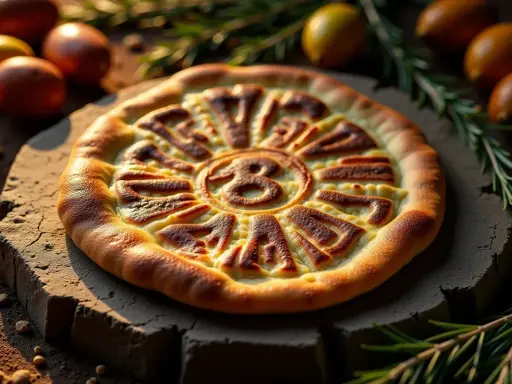 Oto pizza z napisem "Skąd pochodzi pizza", ozdobiona ziołami i jajkami.
