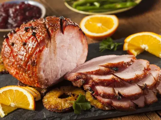 Marynowanie szynki do pieczenia: soczysta, pieczona szynka z pomarańczą, ananasem i żurawiną.
