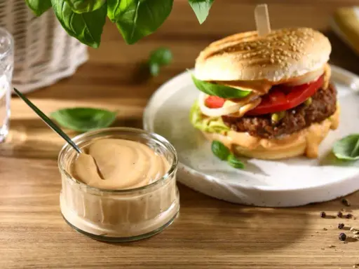 Pyszny sos do burgera w słoiczku, obok apetycznego burgera z dodatkami. Idealny do każdej kanapki.