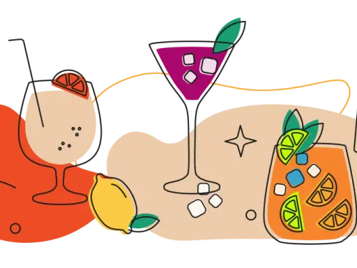 Kolorowe drinki z Cointreau, cytryny, pomarańcze i shaker do koktajli.