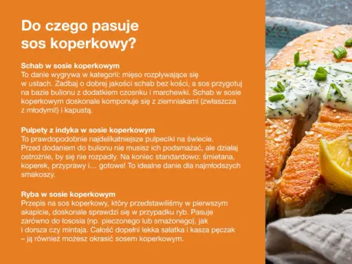 Apetyczny kawałek ryby polany kremowym sosem koperkowym, ozdobiony zieloną cebulką i cytryną.