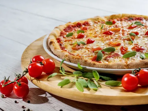 Pyszna pizza z pomidorkami i szałwią. Idealne jakie przyprawy do pizzy? Świeże zioła i pieprz.