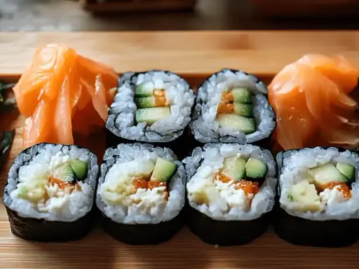Pyszne sushi z łososiem, ogórkiem i awokado. Idealne dodatki do sushi to marynowany imbir i wodorosty wakame.