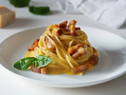 Pyszna carbonara z chrupiącym boczkiem i kremowym sosem, gdzie kluczową rolę gra ser.