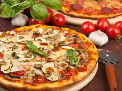 Pizza z cukinią, oliwkami i pomidorkami, obok surowe pieczarki na pizze, czosnek i bazylia.