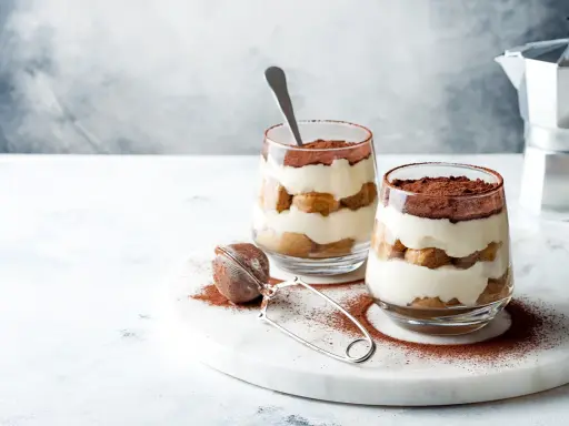 Dwa pucharki z tiramisu bez jajek, posypane kakao, na marmurowej desce.