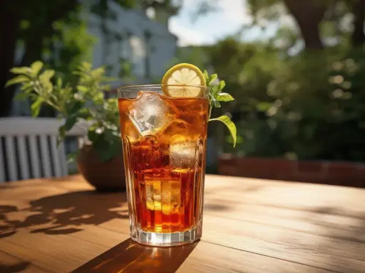 Orzeźwiające drinki z sheridanem, z lodem i plasterkiem cytryny, idealne na letni relaks w ogrodzie.