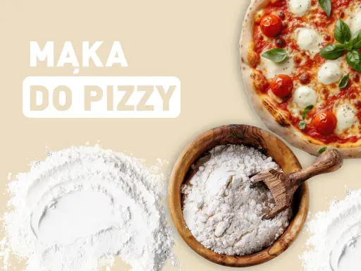 Mąka do pizzy w drewnianej misce obok gotowej, pysznej Margherity. Idealna baza do domowego wypieku.