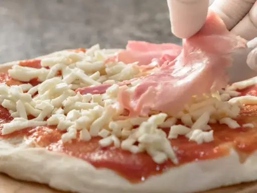Ręce w białych rękawiczkach układają cienkie plastry szynki do pizzy na serze i sosie pomidorowym.