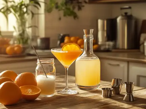 Orzeźwiający drink z likierem pomarańczowym, świeże pomarańcze i składniki do jego przygotowania na drewnianym blacie.