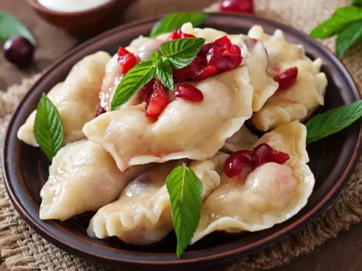 Pyszne, domowe ciasto na pierogi z wiśniami i miętą, podane na glinianym talerzu.