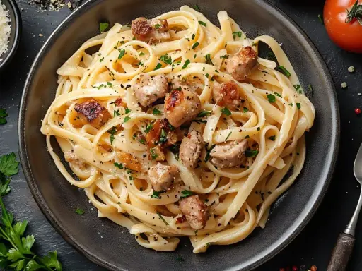 Pyszne fettuccine z kawałkami kurczaka i posiekaną natką pietruszki. Idealne co do spaghetti, gdy masz ochotę na coś sycącego.