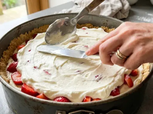 Nakładanie kremu z mascarpone na spód z truskawkami w tortownicy.