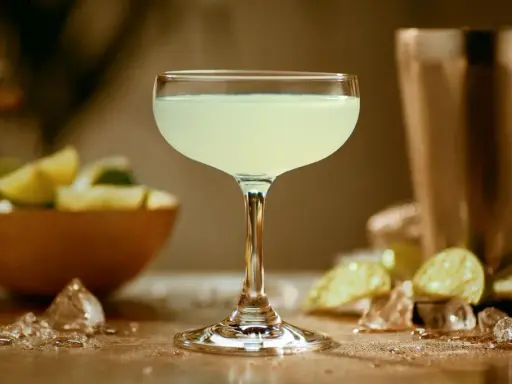 Orzeźwiający daiquiri w kieliszku, obok limonki i lodu. Idealny na upalne dni.
